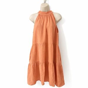 GAP Halter Tiered Dress Crinkle Textured Sleeveless Size M Peach Orange Summer